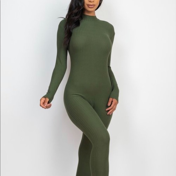 OLIVE RIBBED MOCK NECK LONG SLEEVE JUMPSUIT ROMPER - Picture 7 of 9